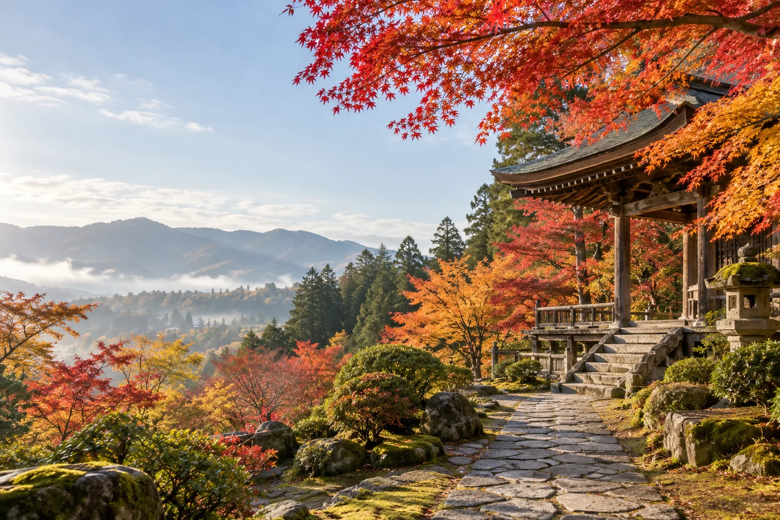 日本寺院庭園與秋季紅葉